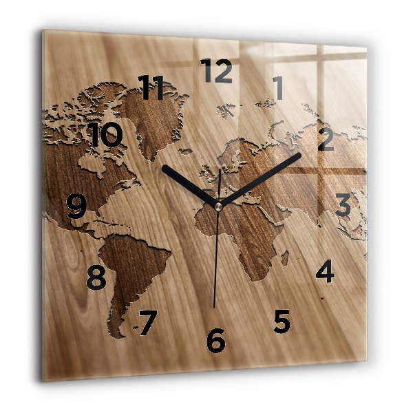 Horloge carrée en verre Carte du monde sur bois