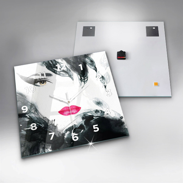 Pendule carrée en verre 'Portrait d''une femme aux lèvres rouges'
