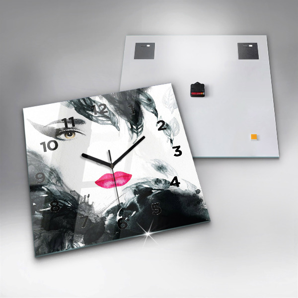 Pendule carrée en verre 'Portrait d''une femme aux lèvres rouges'