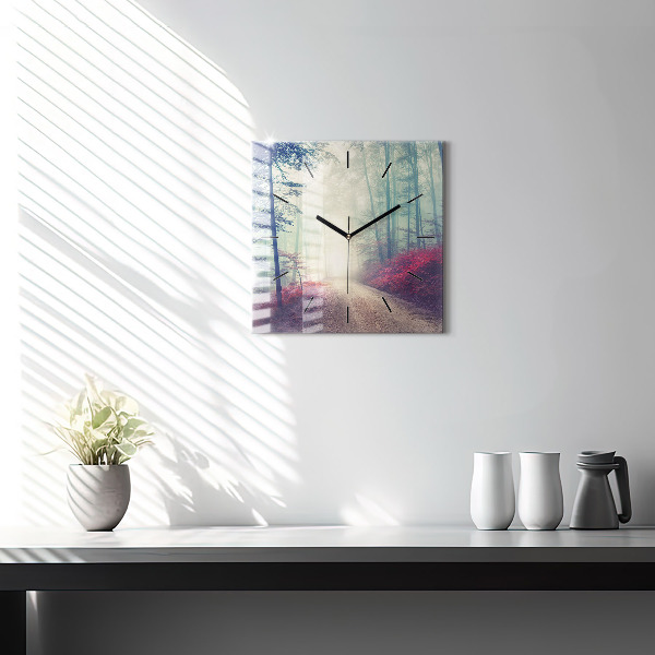 Pendule carrée en verre 'Route d''automne Forêt Brouillard'