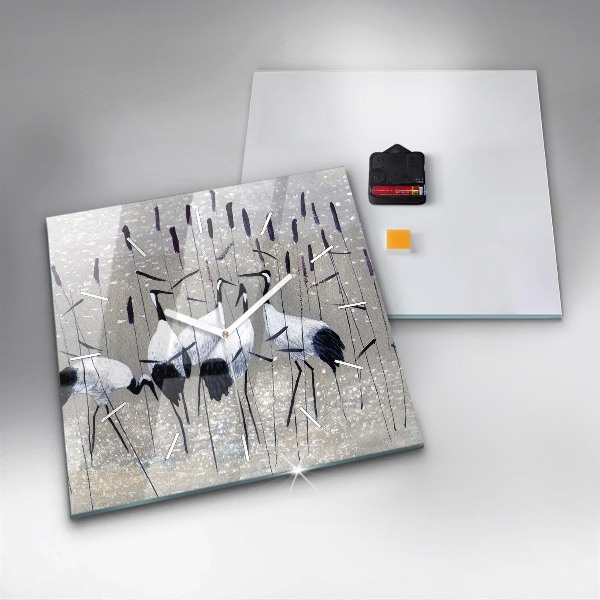 Pendule carrée en verre Grues dans les roseaux