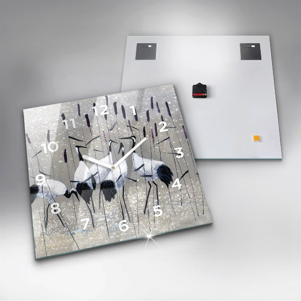 Pendule carrée en verre Grues dans les roseaux