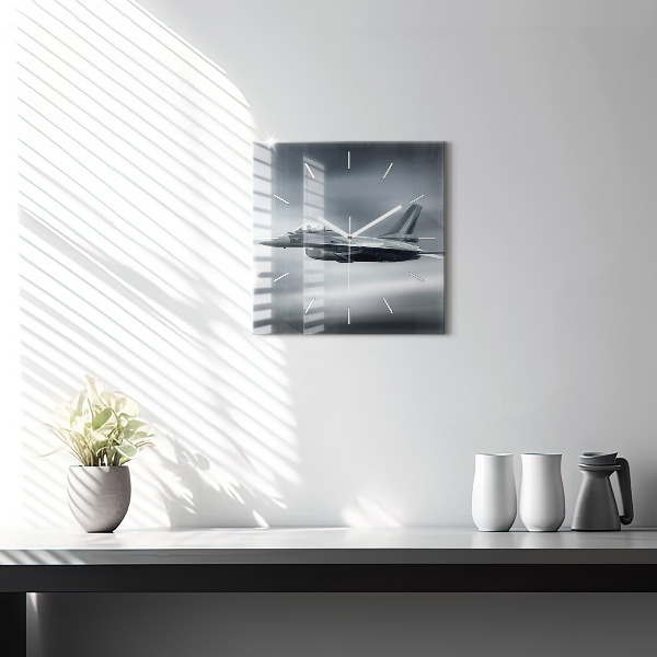 Pendule carrée en verre Avion militaire en vol