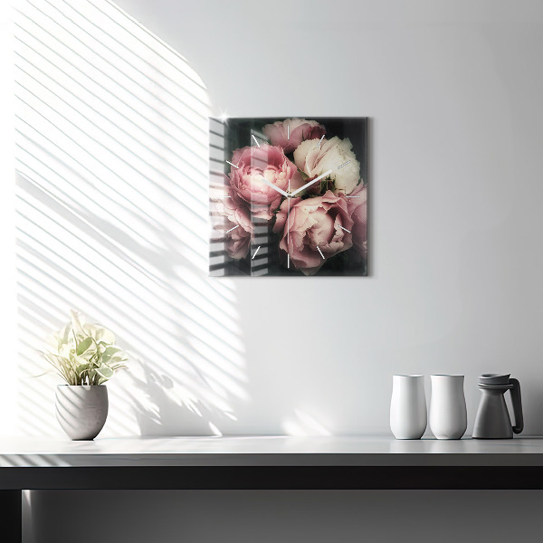 Pendule carrée en verre Bouquet de roses roses