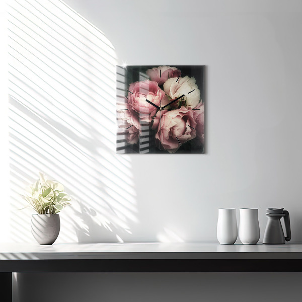 Pendule carrée en verre Bouquet de roses roses