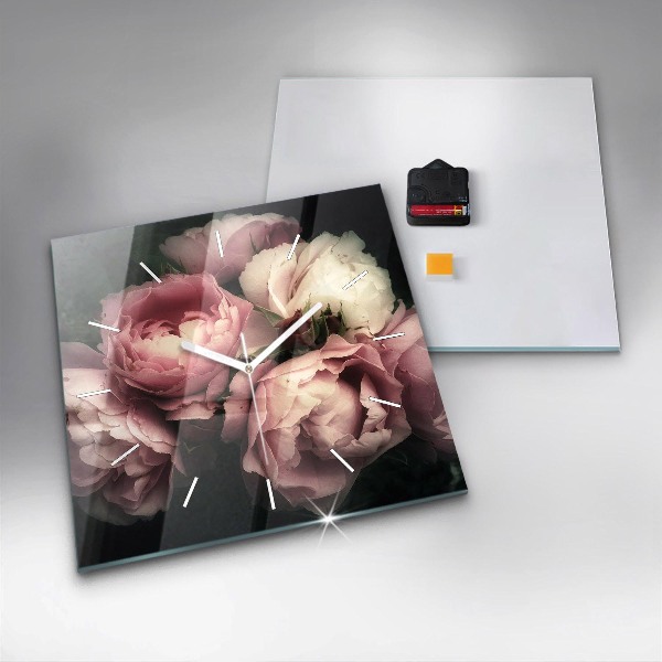Pendule carrée en verre Bouquet de roses roses