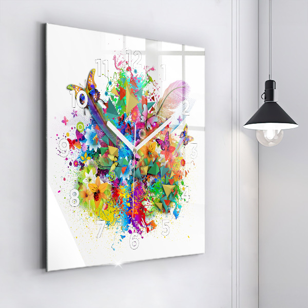 Pendule carrée en verre Harmonie florale avec des papillons