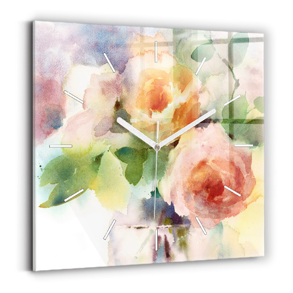 Pendule carrée en verre Aquarelle de roses dans un vase