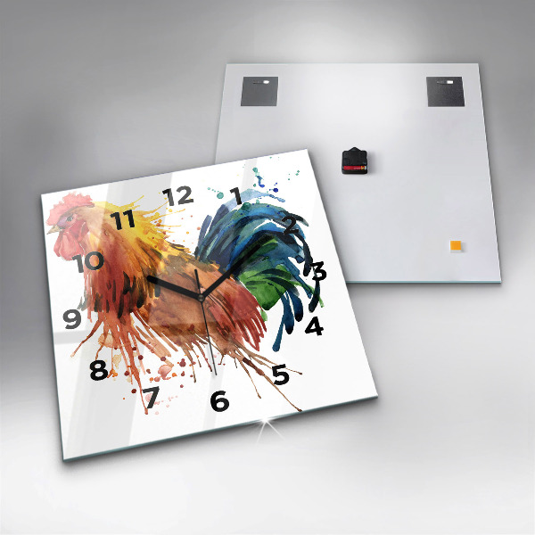 Pendule carrée en verre Coq coloré