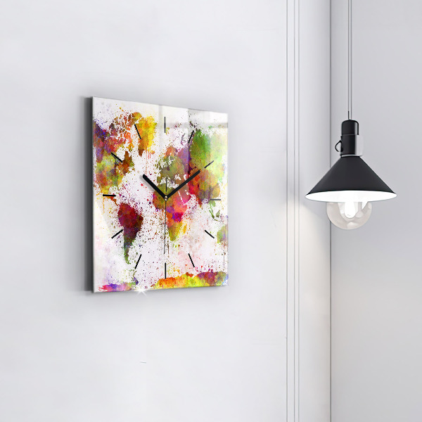 Pendule carrée en verre 'Carte du monde à l''aquarelle'