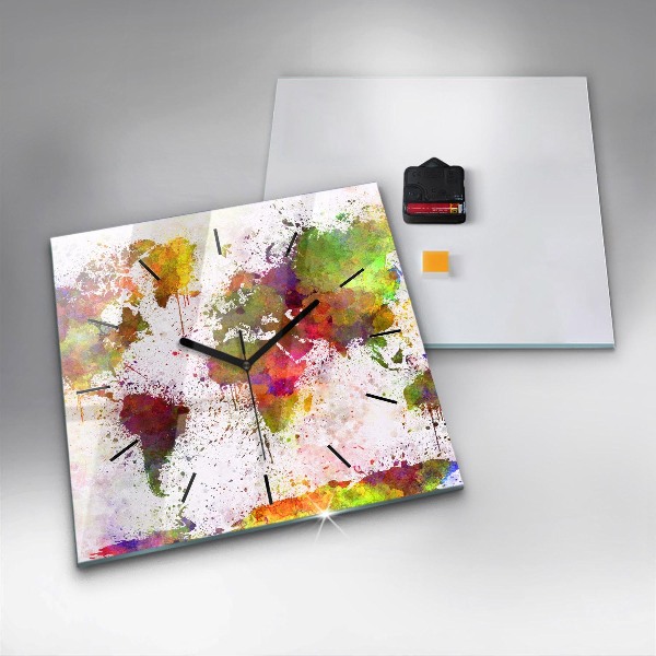 Pendule carrée en verre 'Carte du monde à l''aquarelle'