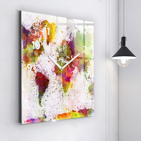 Pendule carrée en verre 'Carte du monde à l''aquarelle'