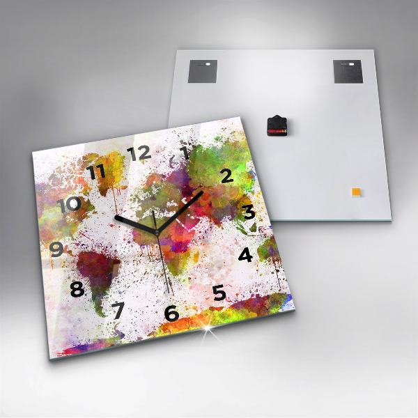 Pendule carrée en verre 'Carte du monde à l''aquarelle'