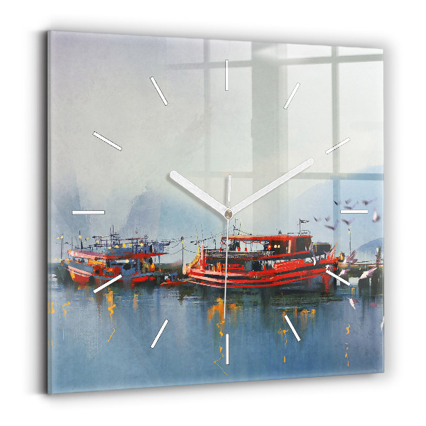 Pendule carrée en verre Bateau de pêche au port