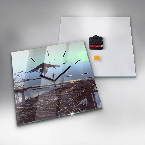 Pendule carrée en verre Ange, pont et vélo