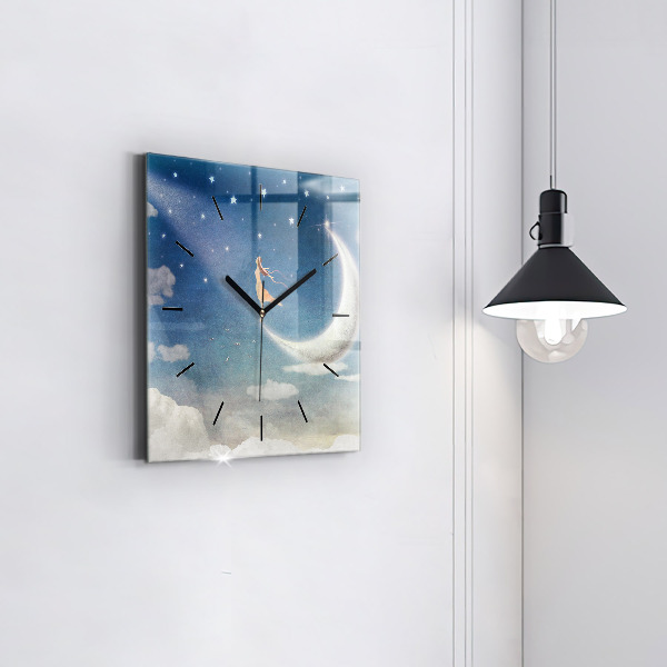 Pendule carrée en verre Fille sur la lune
