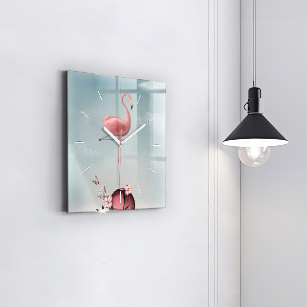 Pendule carrée en verre Flamant rose surréaliste