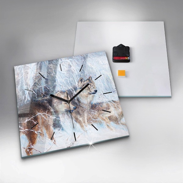 Pendule carrée en verre Les loups dans la forêt