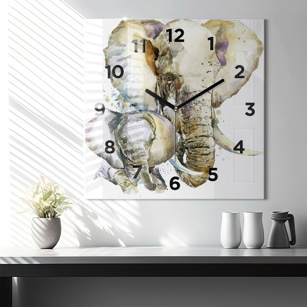 Horloge murale carrée Animaux peints éléphants