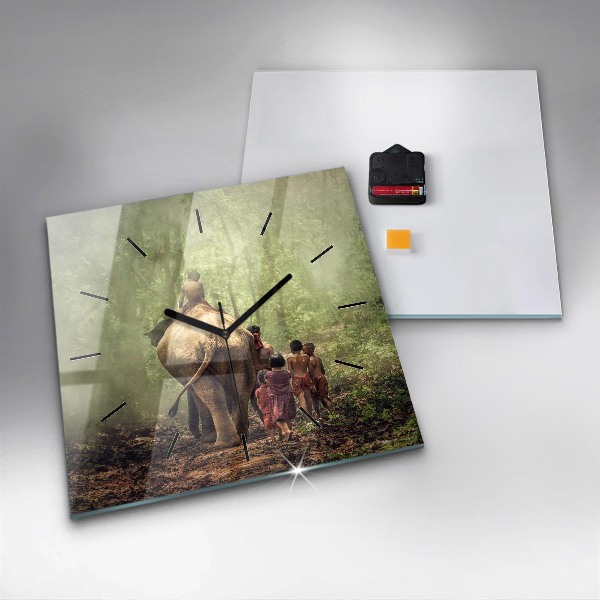 Horloge murale carrée Enfants conduisant un éléphant