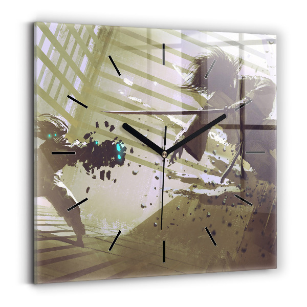 Horloge murale carrée Combat robot contre samouraï