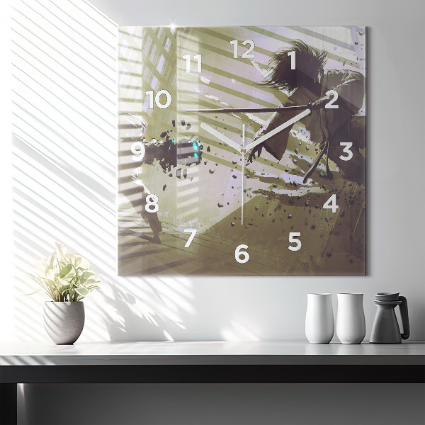 Horloge murale carrée Combat robot contre samouraï
