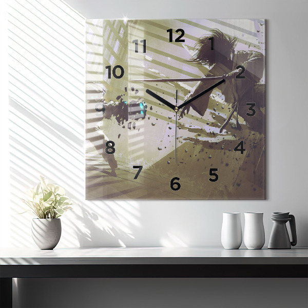 Horloge murale carrée Combat robot contre samouraï
