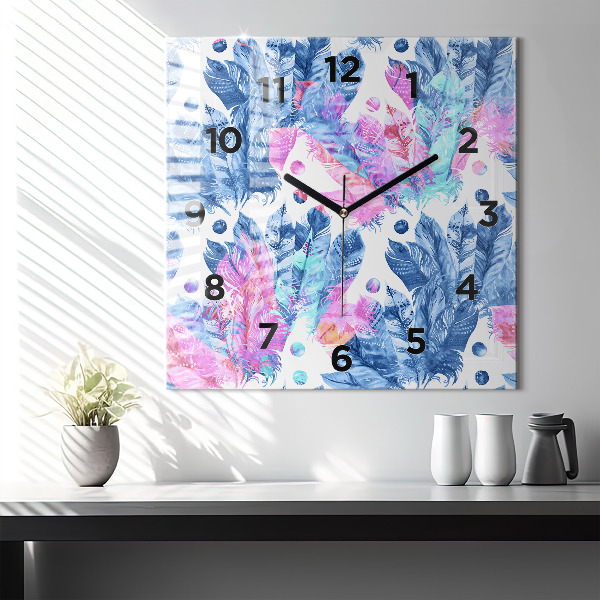 Horloge murale carrée Plumes colorées