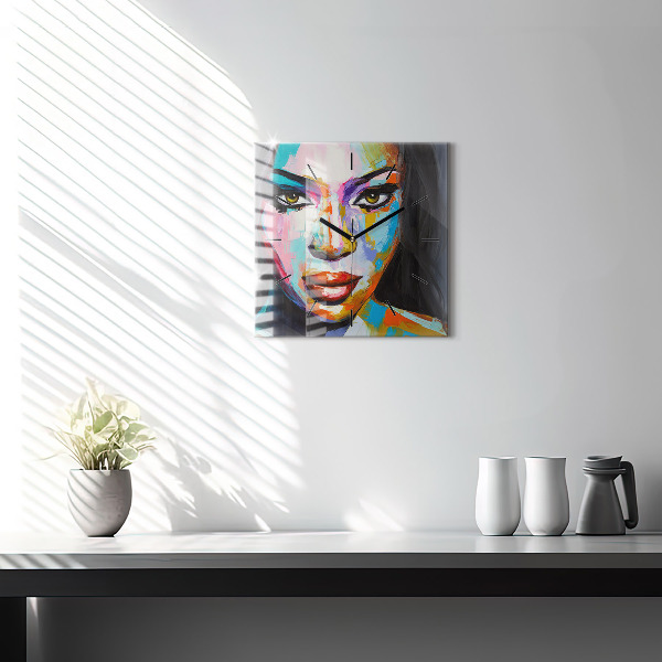 Horloge murale carrée Visage de femme coloré