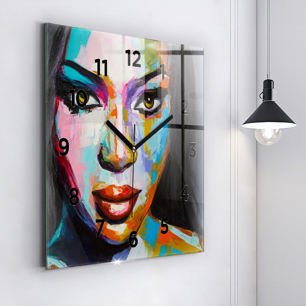 Horloge murale carrée Visage de femme coloré