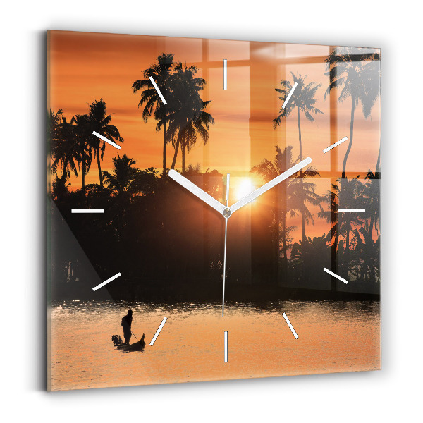 Horloge murale carrée Coucher de soleil et palmiers