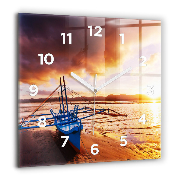Horloge murale carrée Bateau et coucher de soleil