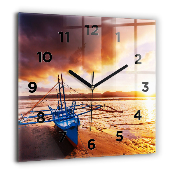 Horloge murale carrée Bateau et coucher de soleil