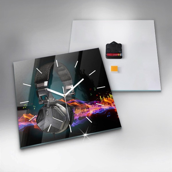 Horloge murale carrée Casques et ondes sonores