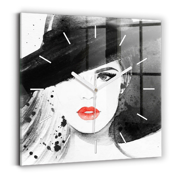 Horloge murale carrée Femme au chapeau
