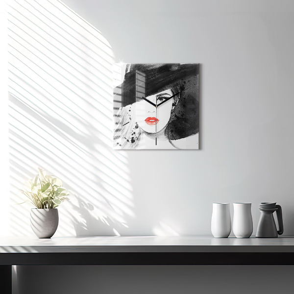 Horloge murale carrée Femme au chapeau
