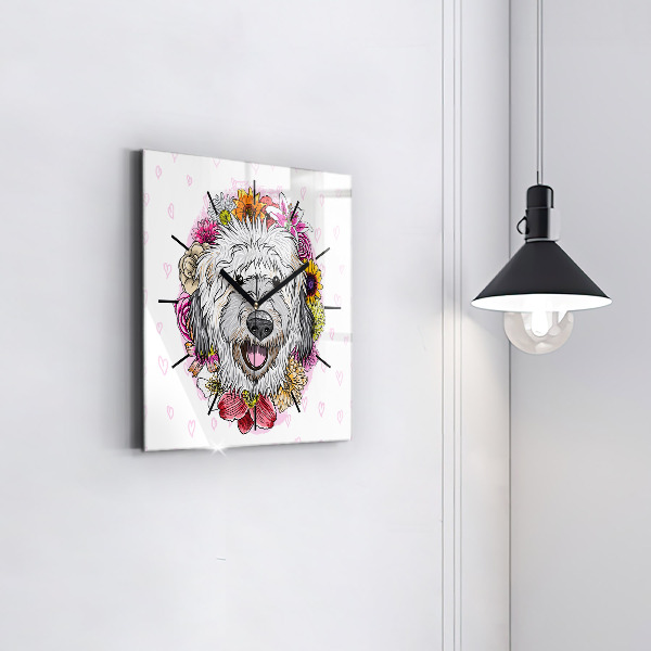 Horloge murale carrée Chien heureux dans les fleurs