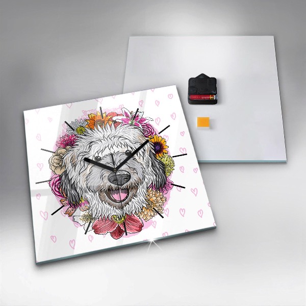 Horloge murale carrée Chien heureux dans les fleurs