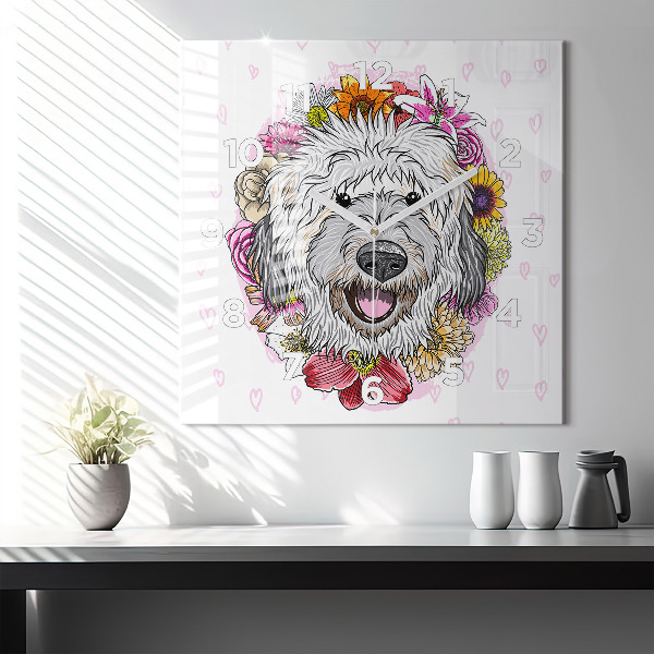 Horloge murale carrée Chien heureux dans les fleurs