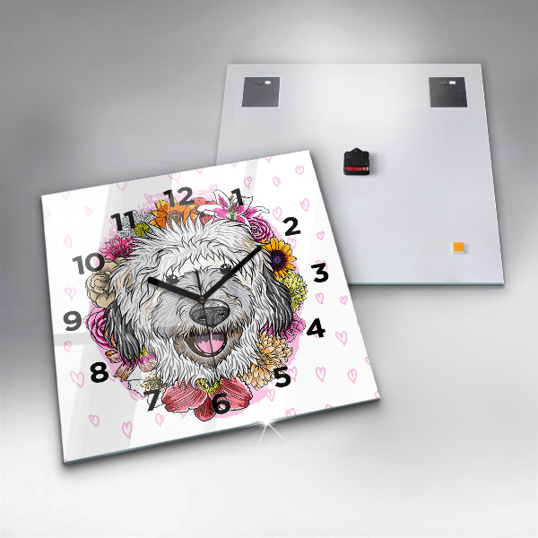 Horloge murale carrée Chien heureux dans les fleurs