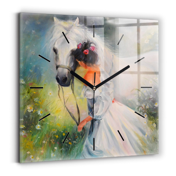 Horloge murale carrée Belle femme avec un cheval