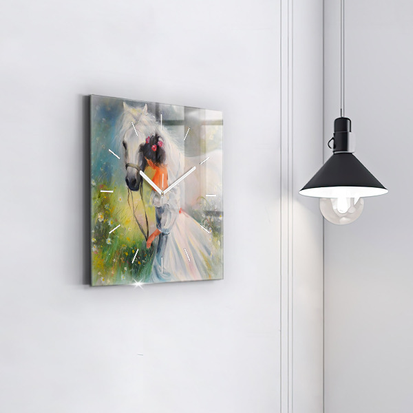 Horloge murale carrée Belle femme avec un cheval
