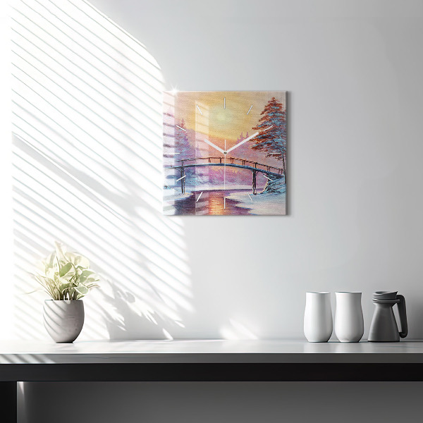 Horloge murale carrée Sapin de Noël et pont