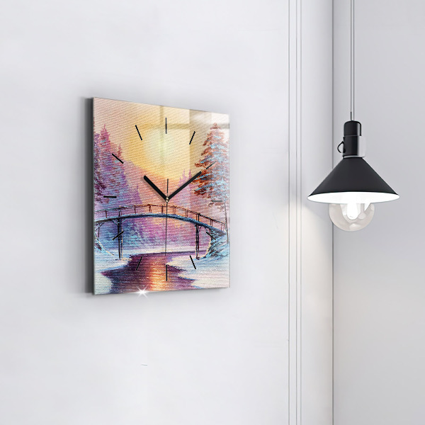 Horloge murale carrée Sapin de Noël et pont