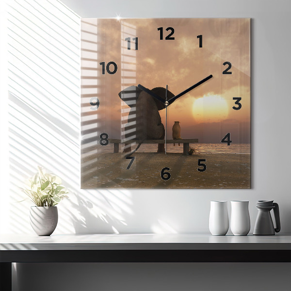 Horloge murale carrée Animaux et coucher de soleil