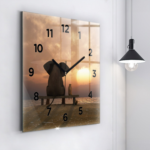 Horloge murale carrée Animaux et coucher de soleil