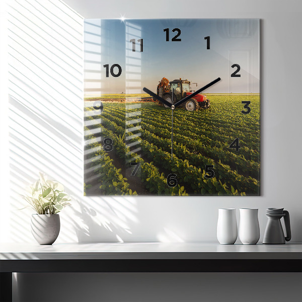 Horloge murale carrée Tracteur dans un champ agricole