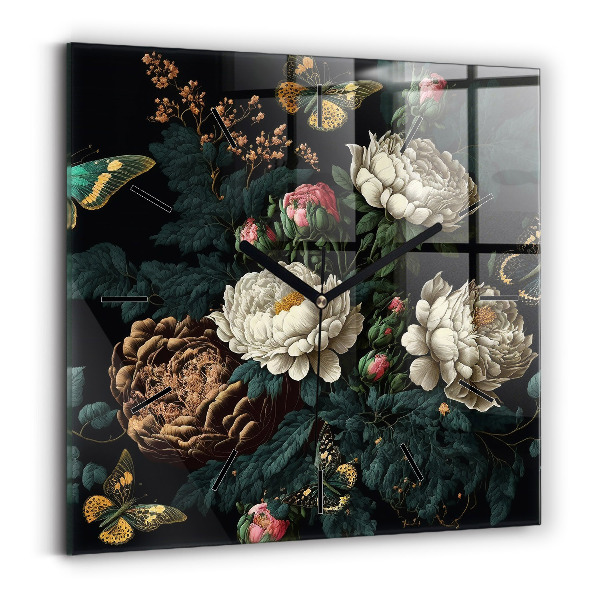 Horloge murale carrée Fleurs et papillons dorés