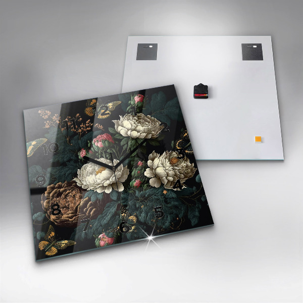 Horloge murale carrée Fleurs et papillons dorés