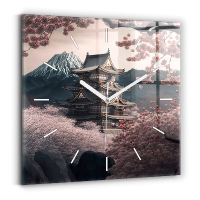 Horloge murale carrée Tour et fleurs en Asie